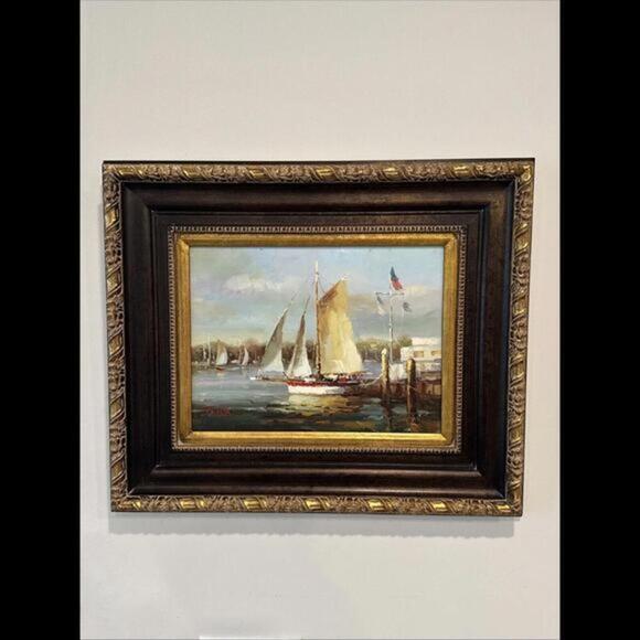 Oil on Canvas Painting Signed J.Norton Seascape Dock Framed Matted 26”x 21” - Picture 1 of 11